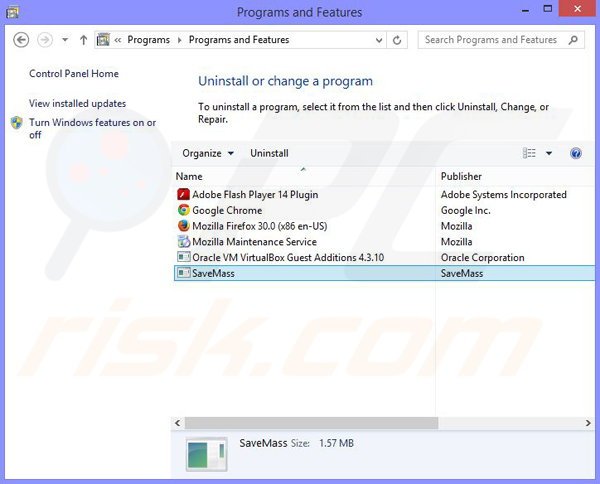 SaveMass adware rimozione dal pannello di controllo
