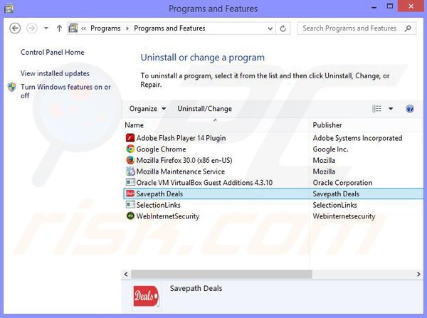 Savepath Deals adware uninstall via Control Panel