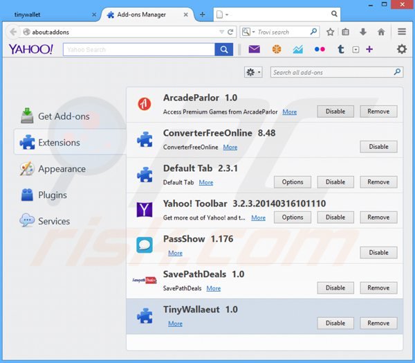 Rimuovere TinyWallet ads da Mozilla Firefox step 2