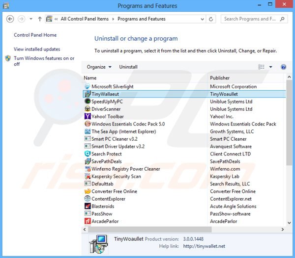 tinywallet adware rimozione dal pannello di controllo