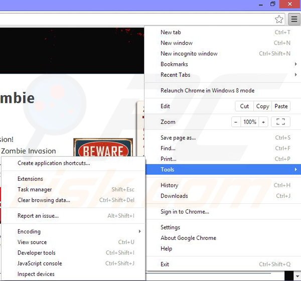 Rimuovere Zombie Invasion da Google Chrome step 1