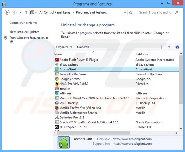 ArcadeGiant adware rimozione dal pannello di controllo