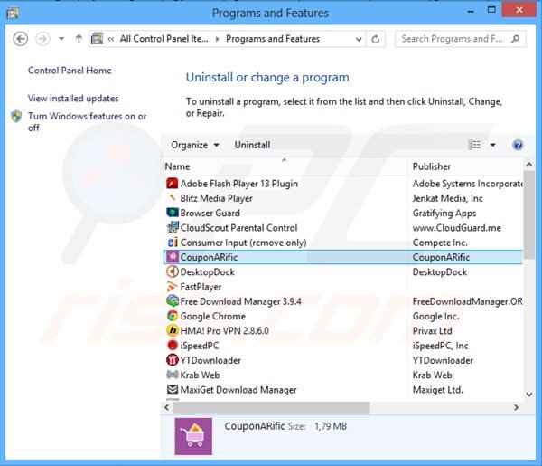 couponarific adware rimozione dal pannello di controllo