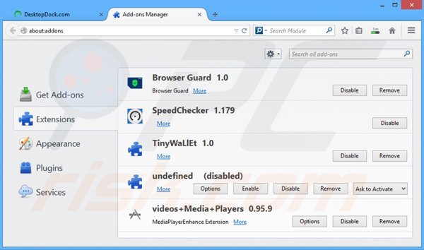 Rimuovere Desktop Dock da Mozilla Firefox step 2