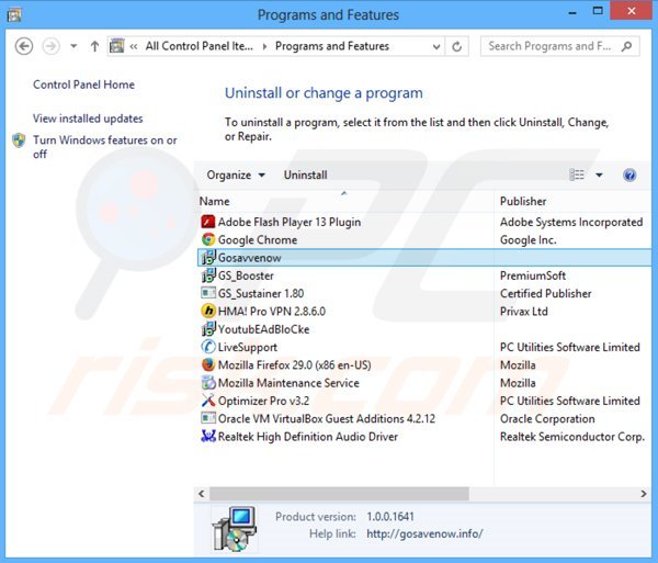 GoSavenow adware rimozione dal pannello di controllo