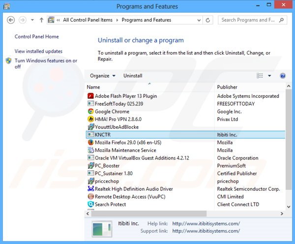 KNCTR adware rimozione dal pannello di controllo