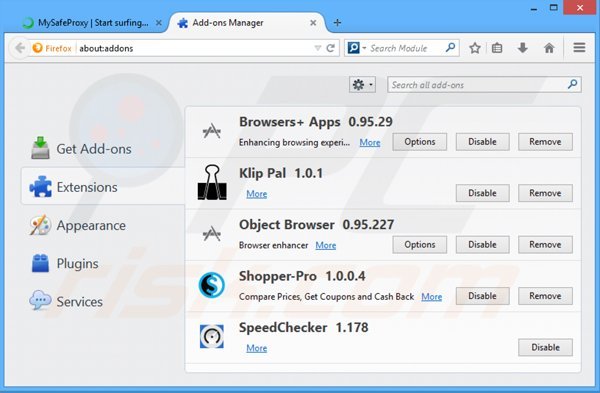 Rimuovere MySafeProxy da Mozilla Firefox step 2