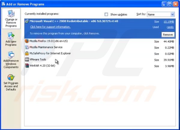 MySafeProxy adware rimozione dal pannello di controllo