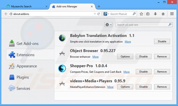 Removing mysearchs toolbar from Mozilla Firefox extensions
