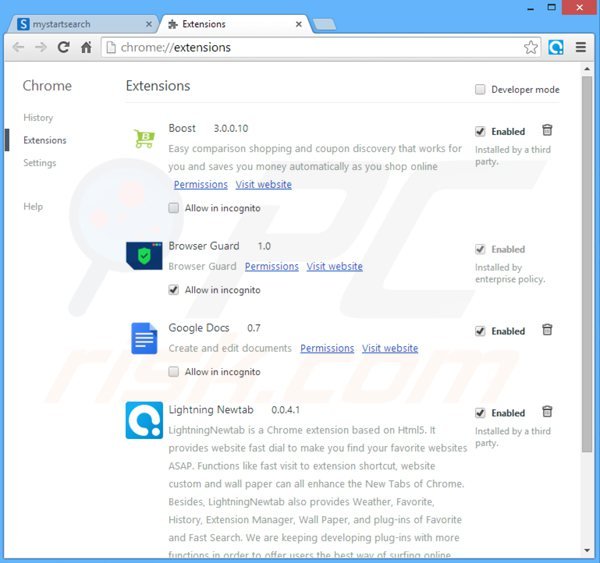 Rimuovere mystartsearch.com redirect da Google Chrome