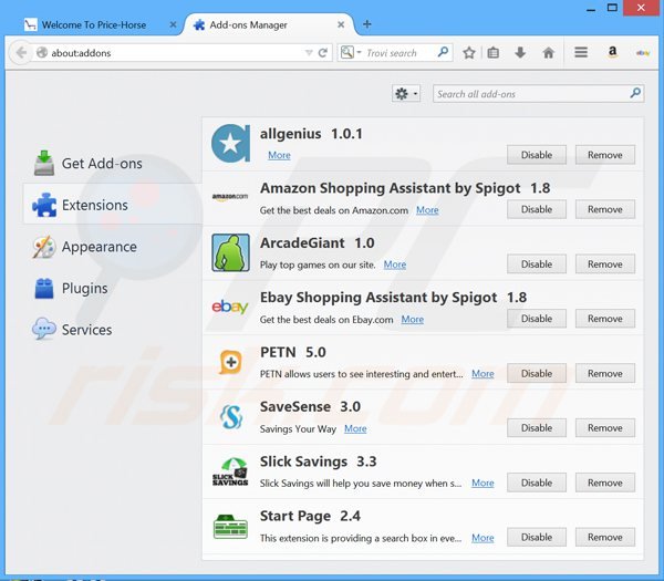Rimuovere PriceHorse adware da Mozilla Firefox step 2
