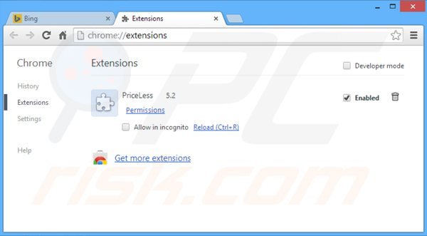 Rimuovere PriceLess ads da Google Chrome step 2