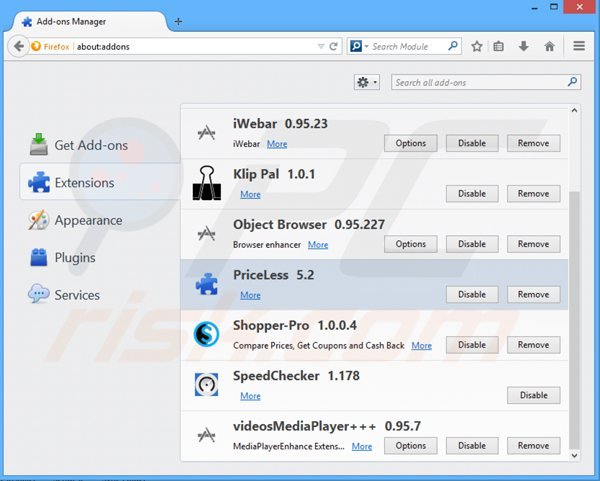 Rimuovere PriceLess ads da Mozilla Firefox step 2