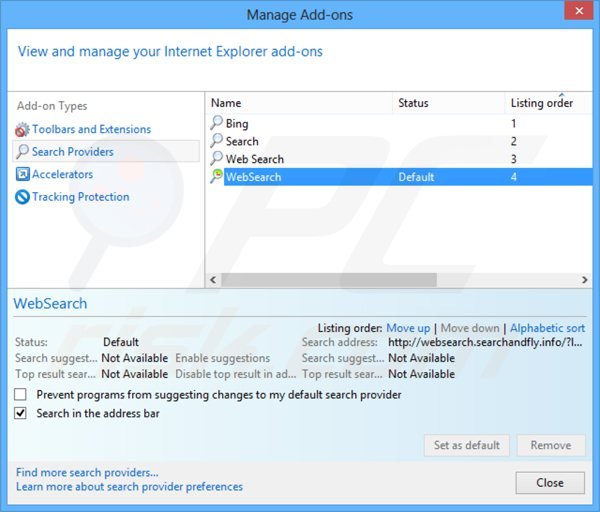 Rimuovere websearch.searchandfly.info dal motore di ricerca predefinito di Internet Explorer 