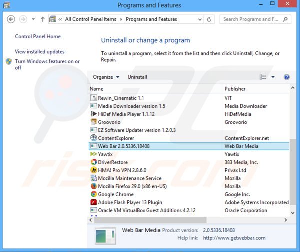 web bar adware rimozione dal pannello di controllo
