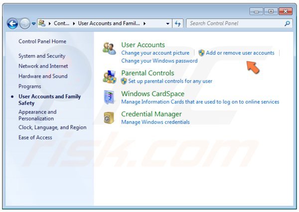 Windows 7 pannello di controllo - aggiungi o rimuovi account utente