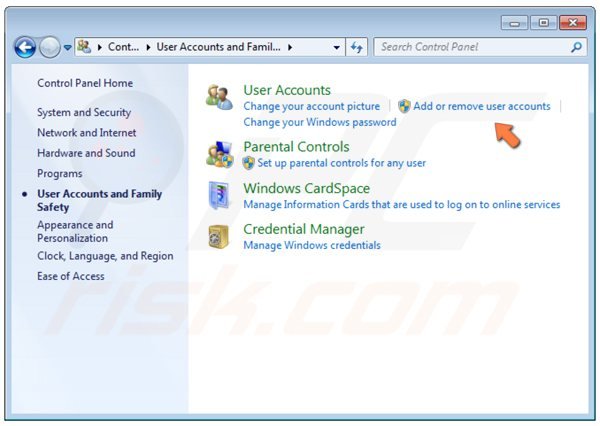 Windows 7 Control Panel - aggiungi o rimuovi account