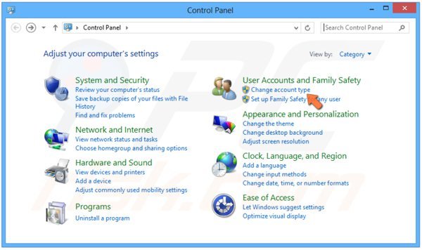 Attivazione utente guest su Windows 8 step 2 - cliccando tipo Variazione conto in Account utente e protezione per la famiglia sezione