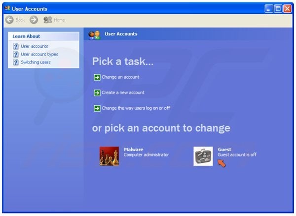 L'attivazione di un utente guest in Windows XP punto 3 - click