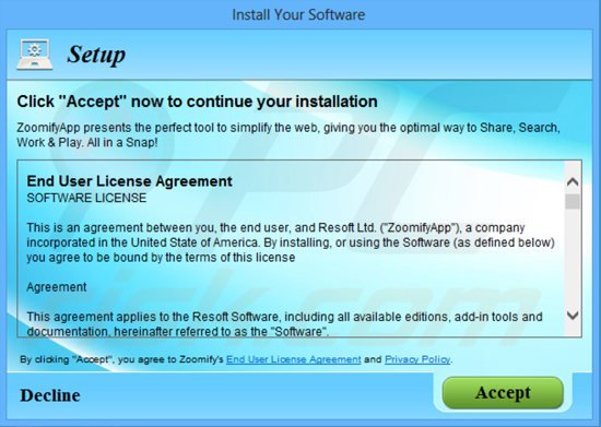 Ingannevole installer del software gratuito utilizzato nella distribuzione dell'adware ZoomifyApp