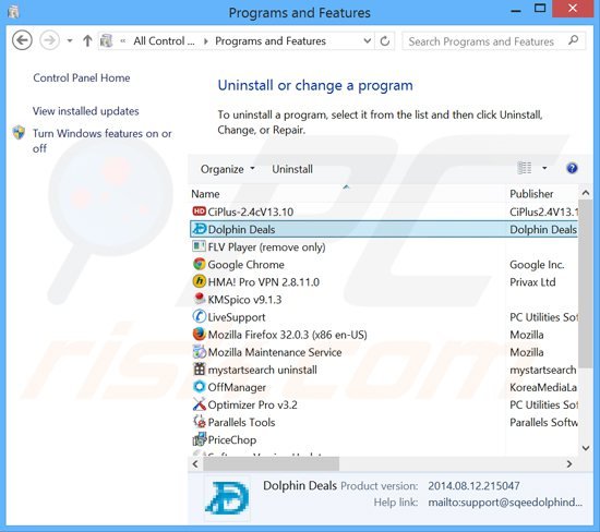 Disinstallare Dolphin Deals attraverso il pannello di controllo