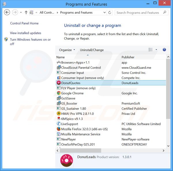 donutquotes adware rimozione dal pannello di controllo