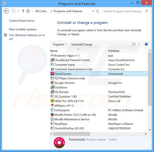 donutquotes adware rimozione dal pannello di controllo