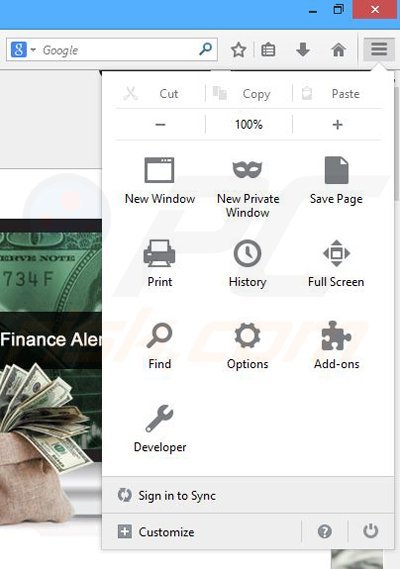 Rimuovere Finance Alert da Mozilla Firefox step 1