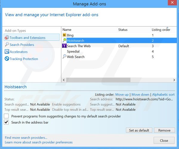 Cambia il motore di ricerca predefinito hoistsearch.com in Internet Explorer 