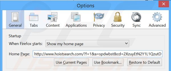 Cambia la tua homepage hoistsearch.com in Mozilla Firefox 