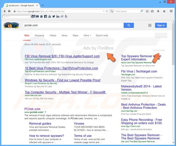 iToolBox adware mentre genera annunci intrusivi nei risultati di google