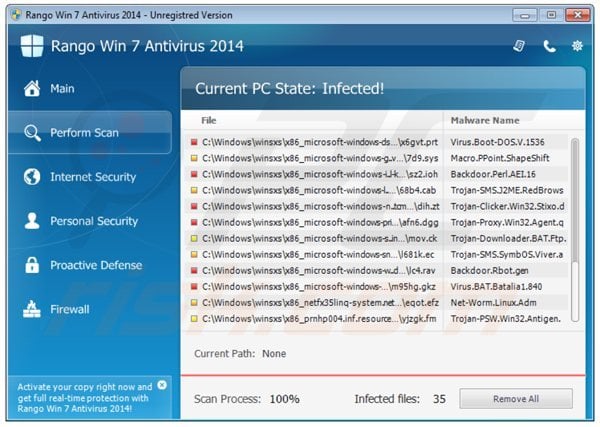 Rango Win 7 Antivirus 2014 mentre effettua una fasulla scansione