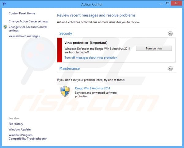 Rango Win 8 Antivirus 2014 mentre mostra un falso Windows Action Center
