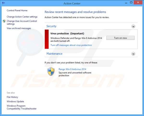 Rango Win 8 Antivirus 2014 mentre mostra un falso Windows Action Center