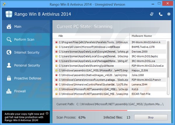 Rango Win 8 Antivirus 2014 mentre esegue una scannerizzazione falsa: