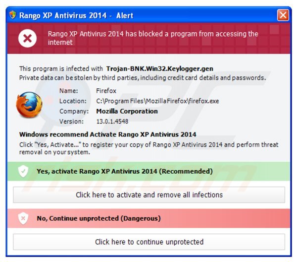 rango xp antivirus 2014 mentre blocca l'esecuzione dei programmi installati