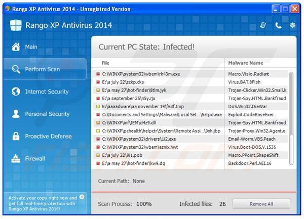 rango xp antivirus 2014 mentre esegue una scansione falsa