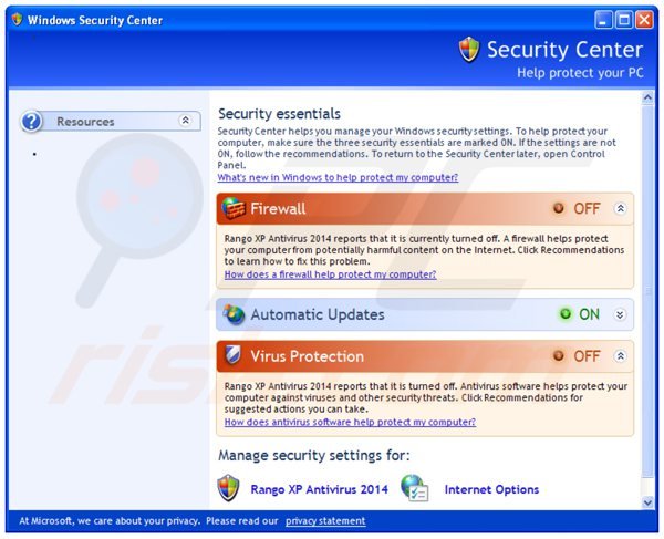 rango xp antivirus 2014 mentre mostra un falso Windows Action Center