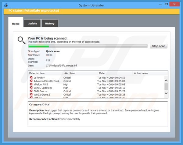 System Defender mentre crea uno scanner fasullo del sistema