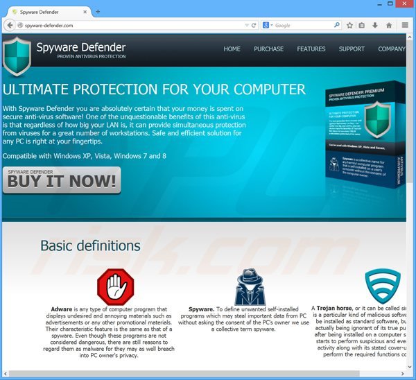 La schermata di un website (hxxp://spyware-defender.com) usato per promuovere Spyware Defender (un falso antivirus promosso da System Defender)