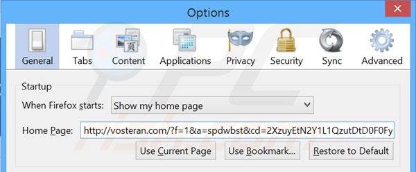 Rimuovere vosteran.com dalla Mozilla Firefox homepage
