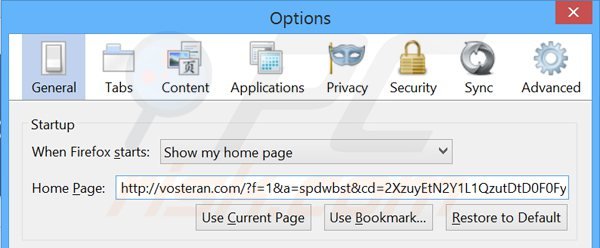 Rimuovere vosteran.com dalla Mozilla Firefox homepage