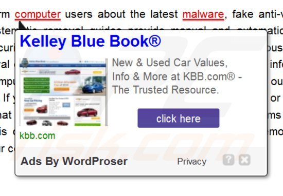  WordProser adware mentre genera annunci intrusivi