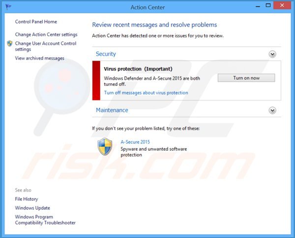 A-Secure 2015 mostra un falso Windows Action Center: