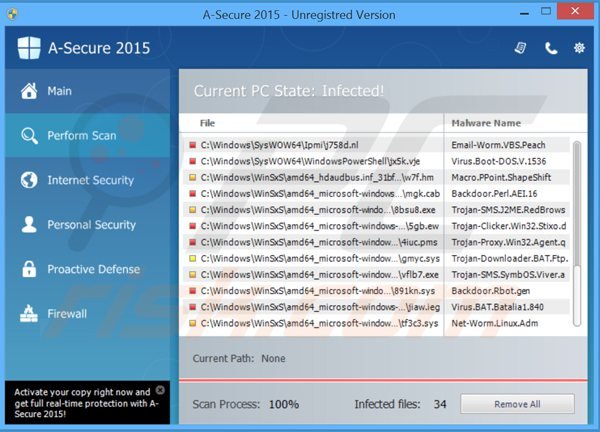  A-Secure 2015 falso antivirus mentre esegue delle scansioni fasulle