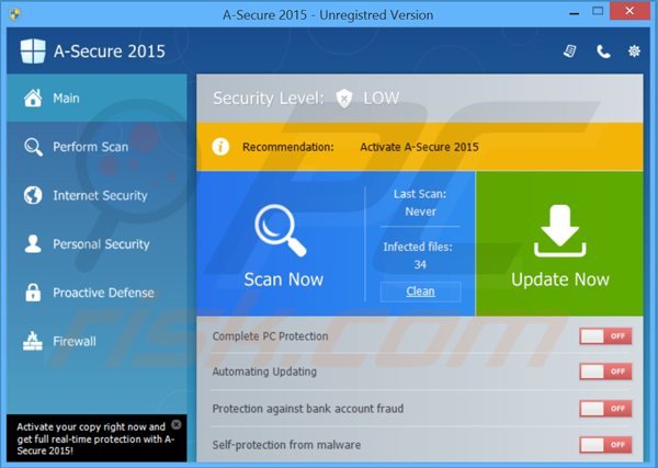 a-secure 2015 falso antivirus, finestra principale