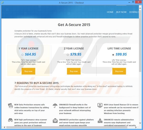 Un sito web canaglia utilizzato dai criminali informatici per raccogliere i pagamenti per la falsa chiave di licenza di 2015 A-Secure