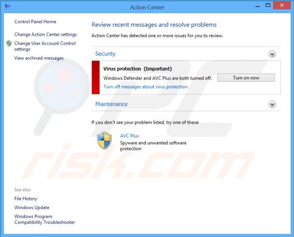 AVC Plus mentre mostra un falso Windows Action Center