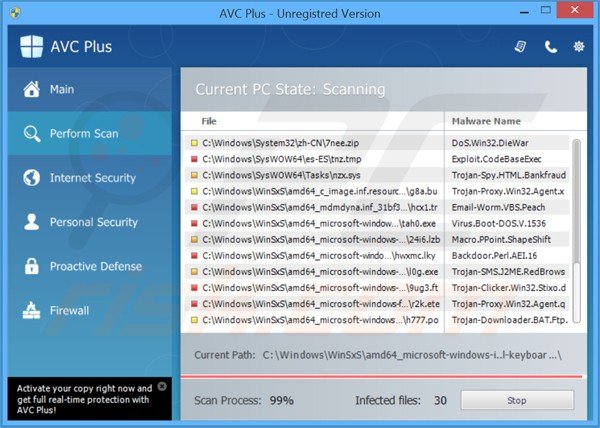 AVC Plus mentre esegue un monitoraggio fasullo