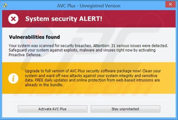 AVC Plus mentre mostra un messaggio di sicurezza